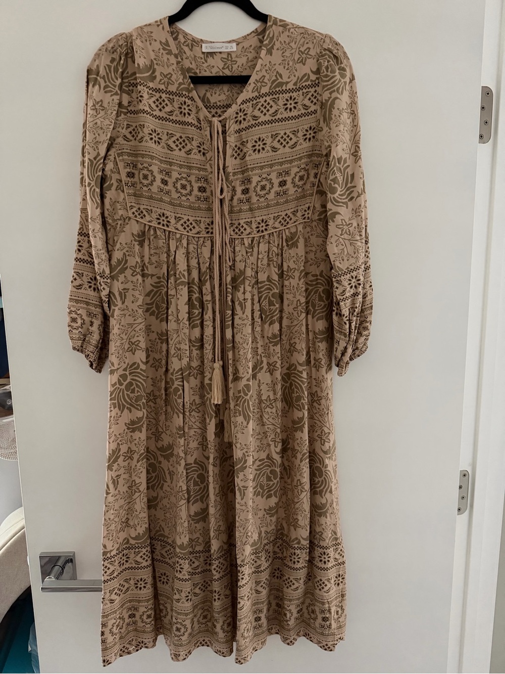 Bohemian Tassel Tie Long Sleeve Midi/Maxi Dress in Beige